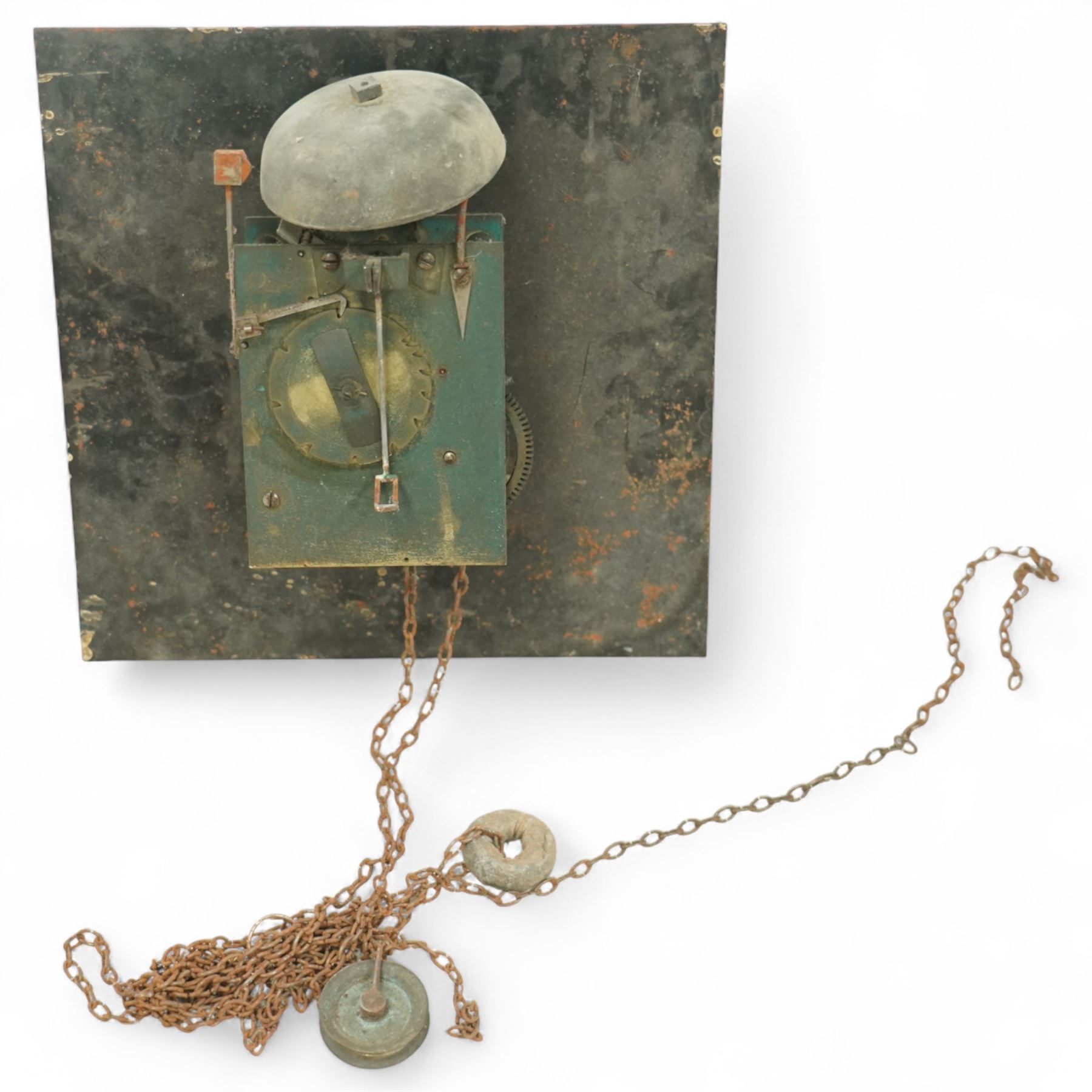 Three empty oak longcase clock cases-for restoration , parts, repair, and two 30hr chain driven movements with 12