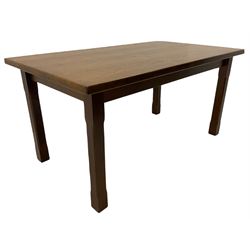 Rectangular oak dining table (150cm x 85cm, H74cm), and six oak dining chairs
