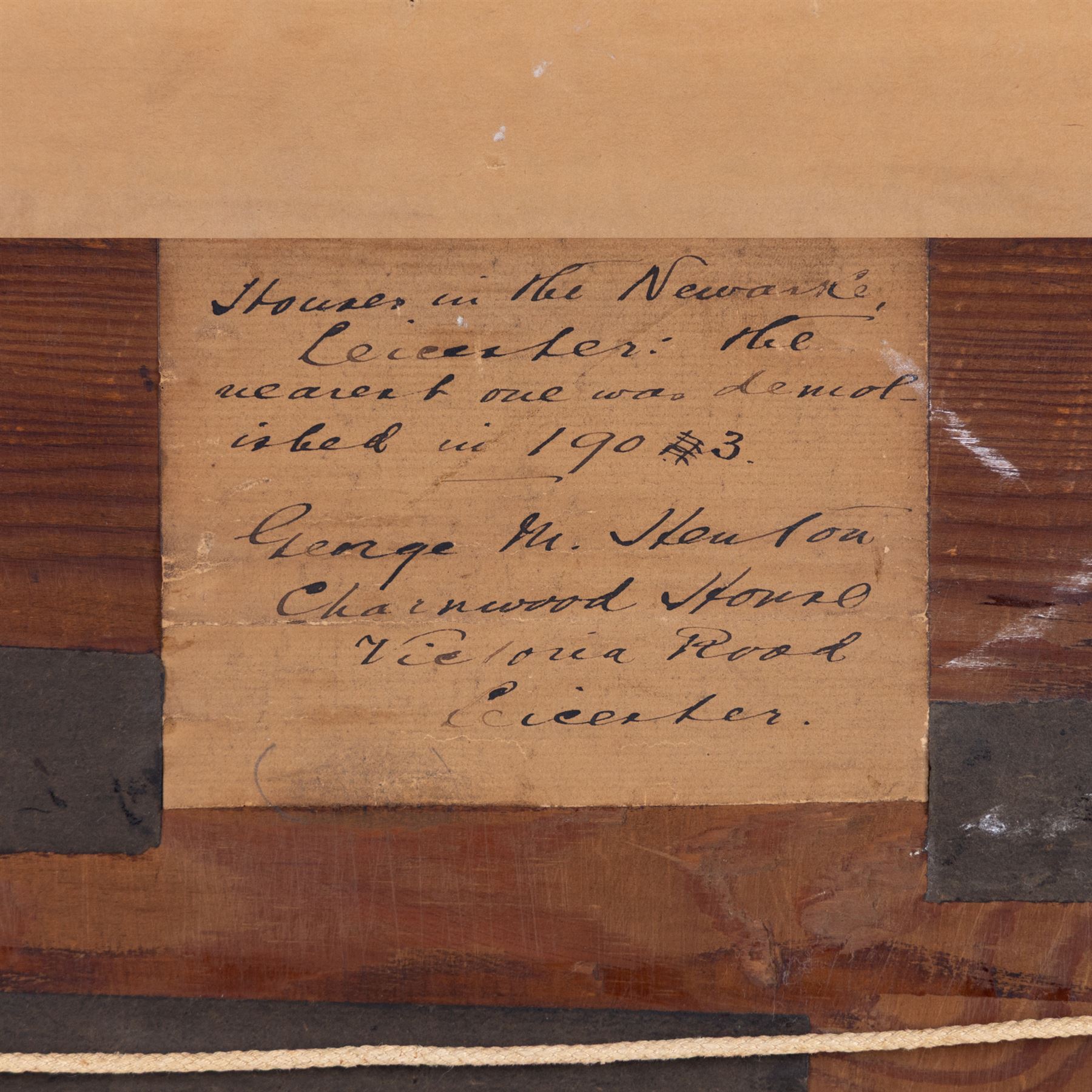 George Moore-Henton (British 1861-1924): 'Houses in the Newarke - Leicester', watercolour signed and dated 1903, titled on original artists label verso and inscribed 'the nearest one was demolished in 1903', 28cm x 39cm 