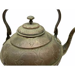 Large Eastern copper alloy kettle, decorated with animals in a forest setting, H33cm, together with three decorative metal urns, tallest example H20cm.  