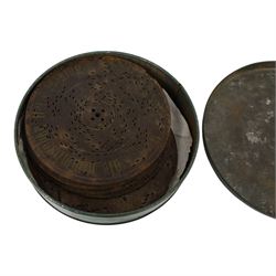 German late 19th century Polyphon, in a mahogany finished case with floral decoration to cover, serial no. 17707, with thirteen discs, H12.5cm, W20cm