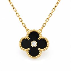 Van Cleef & Arpels Alhambra 18ct gold onyx and diamond necklace, the black onyx quatrefoil...