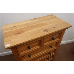  Light oak chest, two short and four long drawers, stile supports (W85cm, H119cm, D43cm) and matching bedside chest, one slide and three drawers  