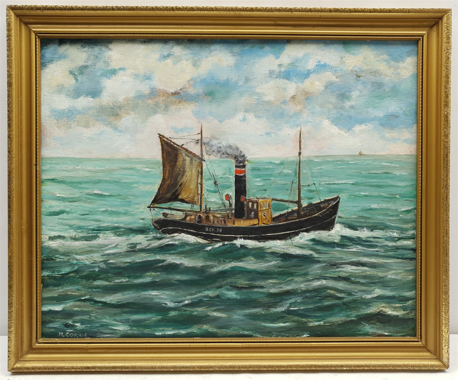 M Corrie (British 20th century): Steam Ship's Portrait, oil on board signed, together with two further 20th century marine oils, max 50cm x 75cm (3)