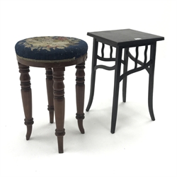  Small German Arts & Crafts style ebonised square jardiniere stand, marked Gesetzlich Geschutzt 1854, (H55cm, W33cm) and a Victorian mahogany stool with woolwork top, (H55cm) (2)   