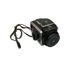 Zenza Bronica S2A medium format camera body, with Nikkor-P '1:2.8 f-75mm' lens, Zenza Bronica Zenzanon MC '1:3.5 f-150mm lens, Zenza Bronica Tele-Converter-E 2x, and two additional film cases. in a Billingham camera bag