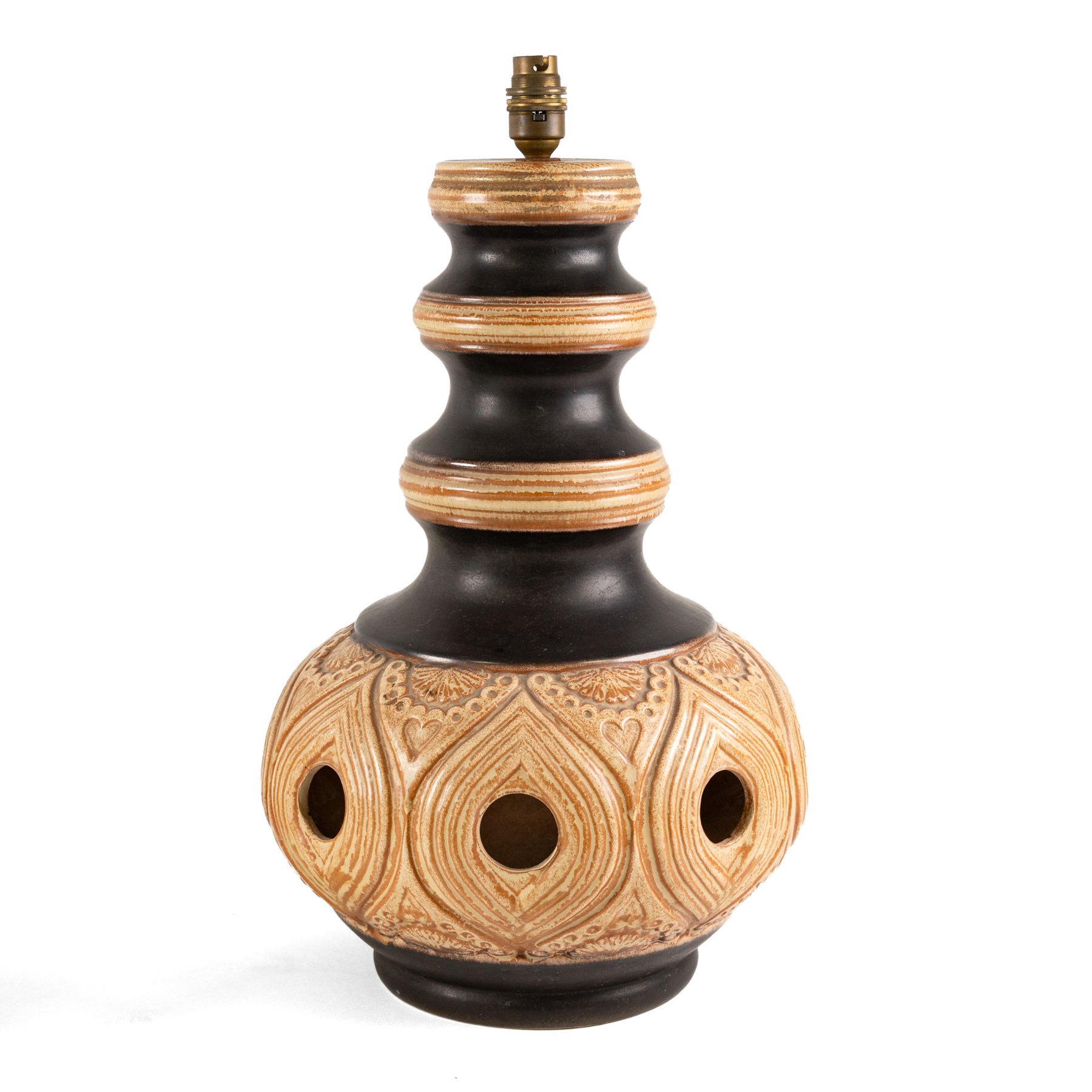 West German Pottery - two mid 20th century ceramic lamp bases, brown glaze with petal style decoration and pierced detail, together with another similar with volcanic glaze, largest H52cm