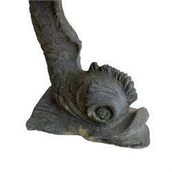 Lead garden bird bath, clam shell mounted by bird figure on dolphin shaped support 