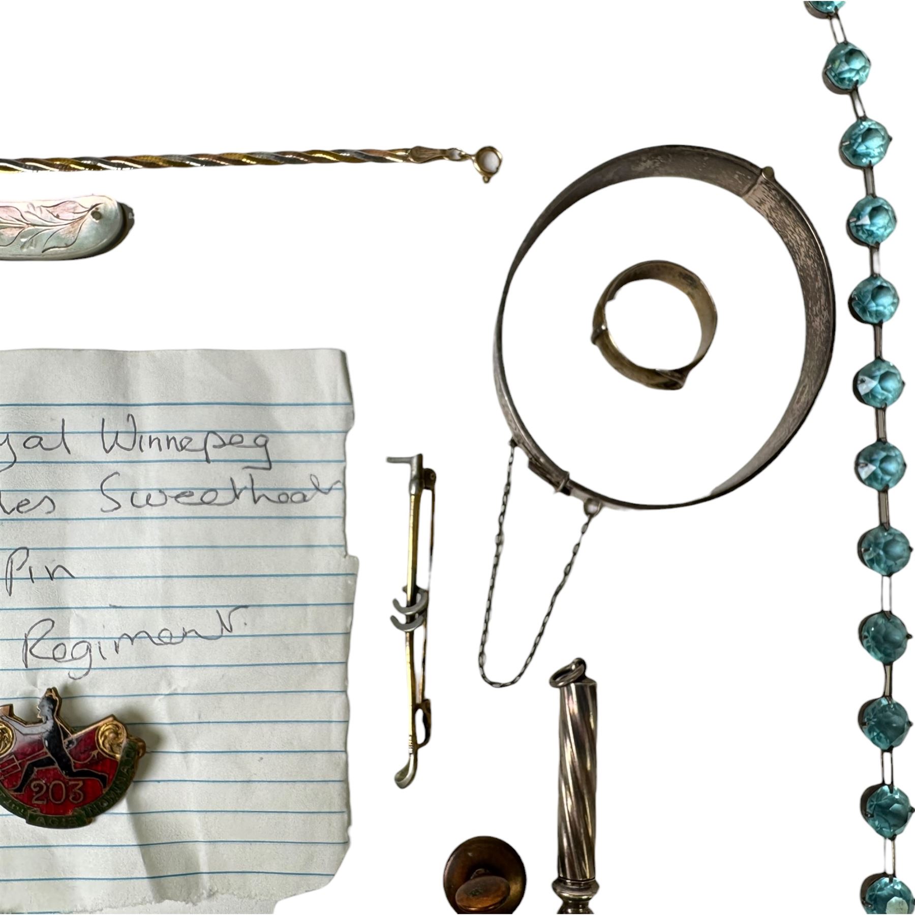 9ct three tone gold bracelet, hallmarked, pair of 9ct gold faux pearl screw back earrings, stamped 9ct, silver jewellery including bracelet, buckle ring and bangle, silver mother of pearl handled fruit knife and a collection of costume jewellery