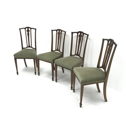 Set Edwardian four inlaid mahogany chairs, shaped cresting rail, upholstered seat, square tapering supports on spade feet, W44cm