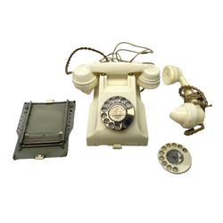 White Bakelite telephone, with alphabet dial, brown braided handset cord and a base draw, marked 332 to the base, together with an additional White Bakelite handset and draw