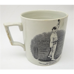  Cricket - Commemorative transfer printed mug for George Herbert Hirst and Wilfred Rhodes, retailed by W. Ellis Moorcroft of Bramley, unmarked, H10.5cm  