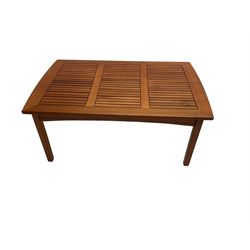 Teak conservatory coffee table, rectangular strap top over tapered supports (W118cm D70cm H47cm); and two pairs of teak conservatory armchairs with seat cushions