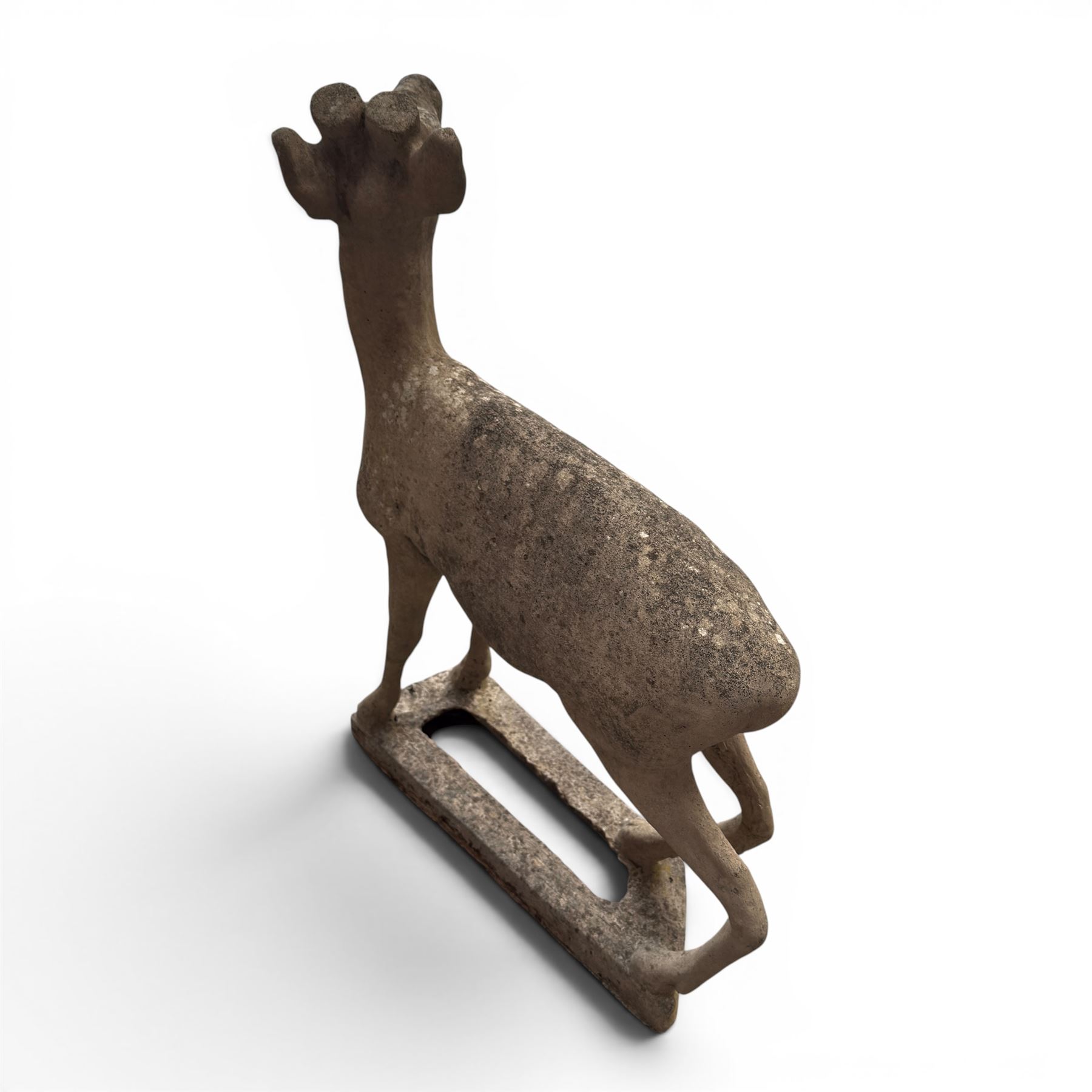 Pair of cast stone garden deer in a weathered finish with two loose antlers