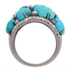 18ct gold black rhodium plated turquoise leaf and round brilliant cut diamond ring, stamped 750