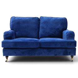 Howard design - two-seat sofa upholstered in blue fabric, traditional shape with rolled ar...
