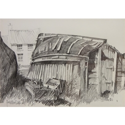 Boat Huts at Lindisfarne, pencil sketch signed and dated '84 by Fred Williams (British 1930-1986) 19cm x 26cm and Whitby Harbour, two colour prints after Robert Leslie Howey (British 1900-1981) 21cm x 27cm (3)  
