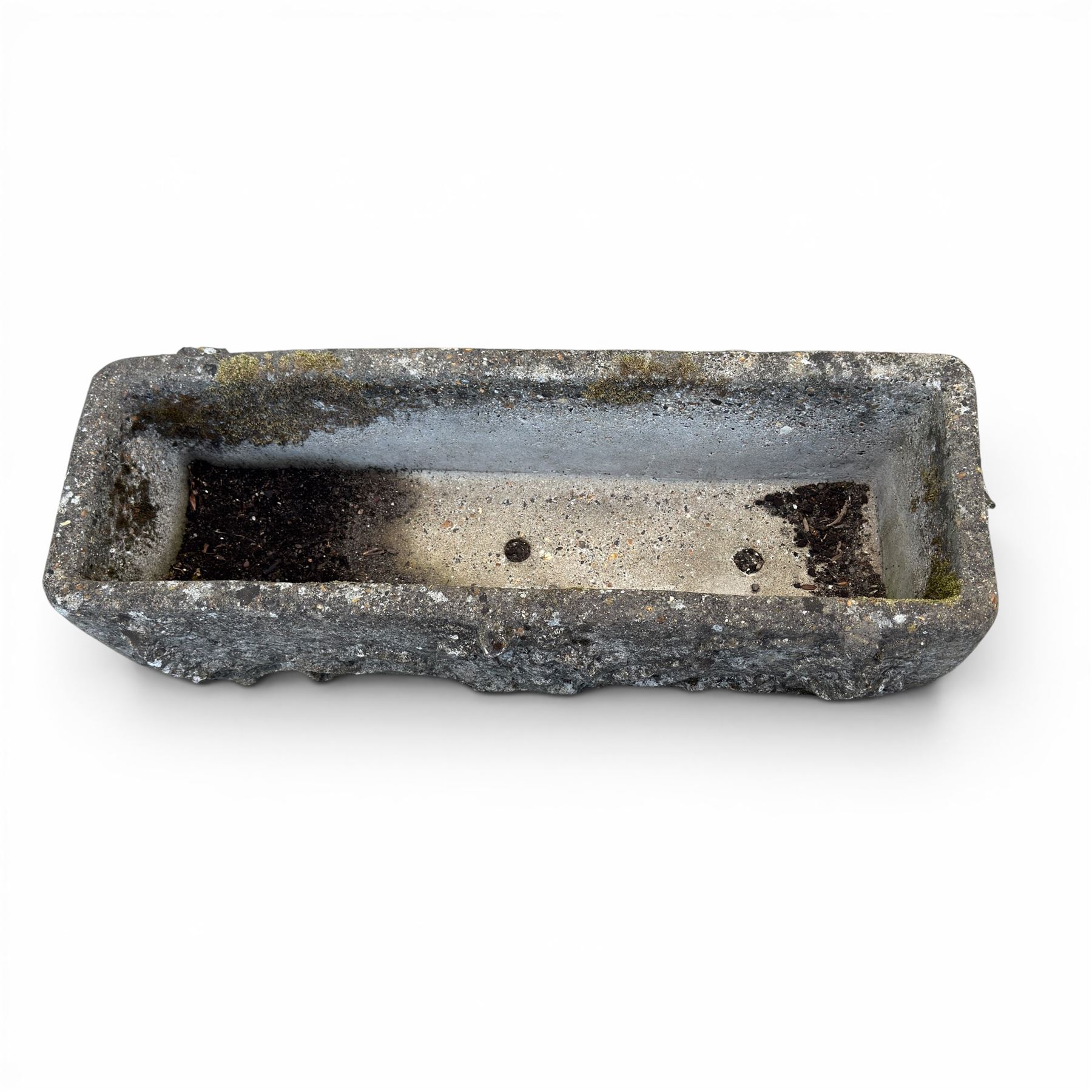 Pair of rectangular weathered cast stone planters, ornate moulded detail