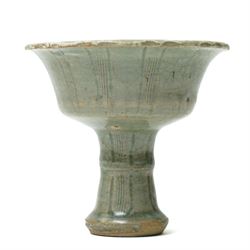 Chinese Ming dynasty Longquan celadon stem cup, of flared form rising from a splayed foot, incised decoration to stem and bowl, with fluted rim, unmarked, H10cm