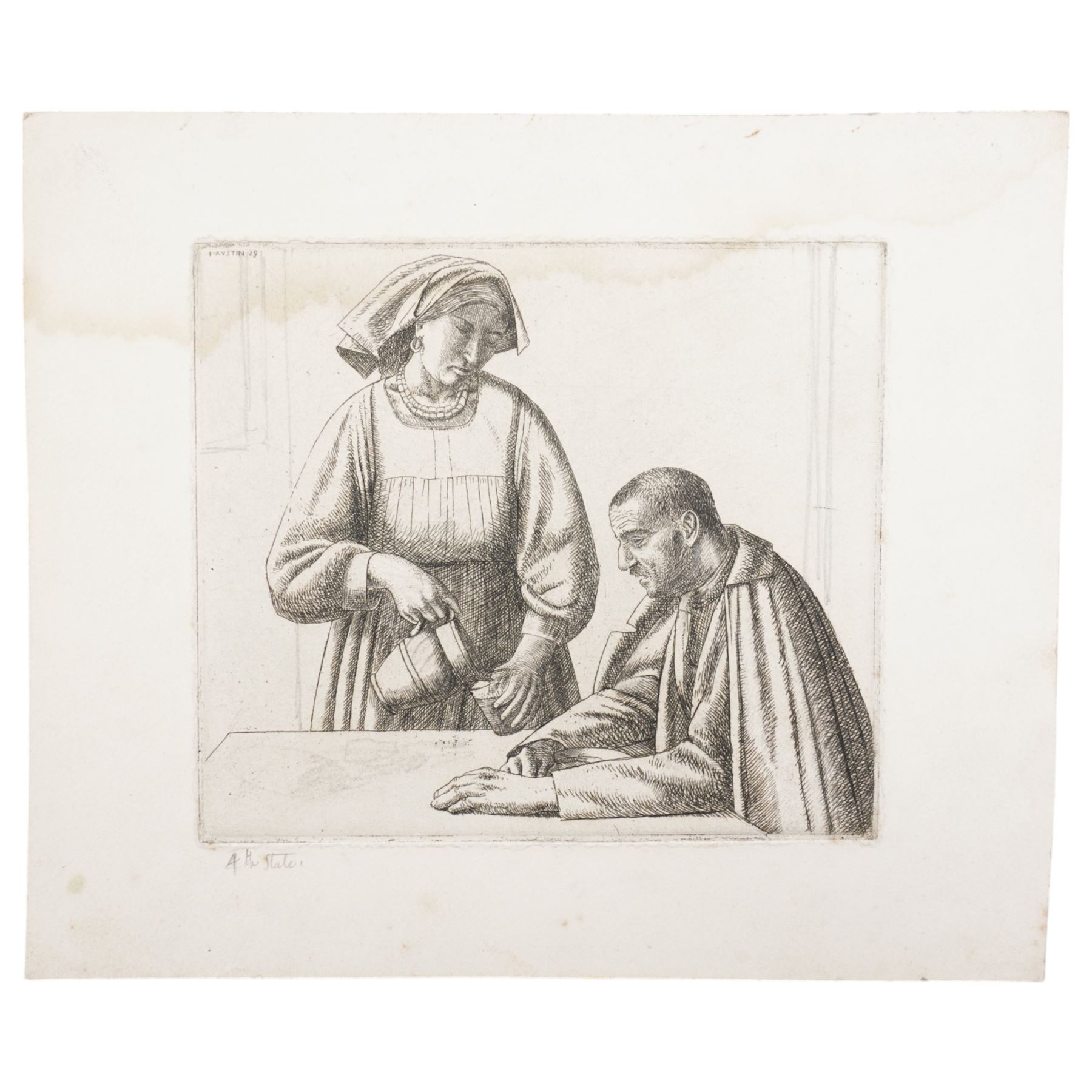 Frederick George Austin (British 1902-1990): The Tavern Maid and Patron, drypoint etching with pencil editing inscribed '4th state' in pencil 13cm x 15cm (unframed) 
Provenance: direct from the granddaughter of the artist