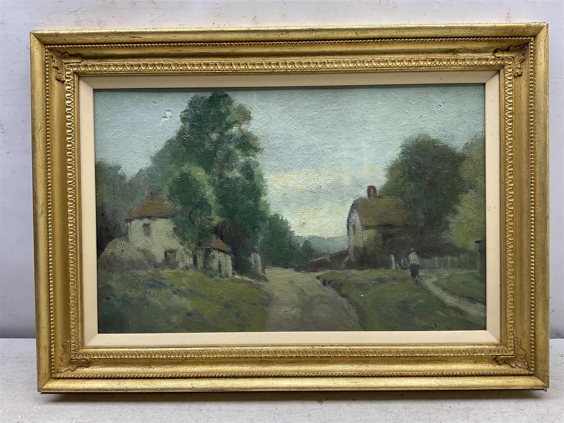 Manner of Thomas Miles Richardson Snr. (British 1784-1848): Lakeside Ruin, watercolour unsigned; English School (Early 20th century): Wooded Landscape and Village Cottages, two oils on canvas, one indistinctly signed max 30cm x 48cm (3)