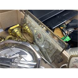 Quantity of silver plated and other metal ware to include Community cutlery and brass, together with Polaroid tv etc in three boxes