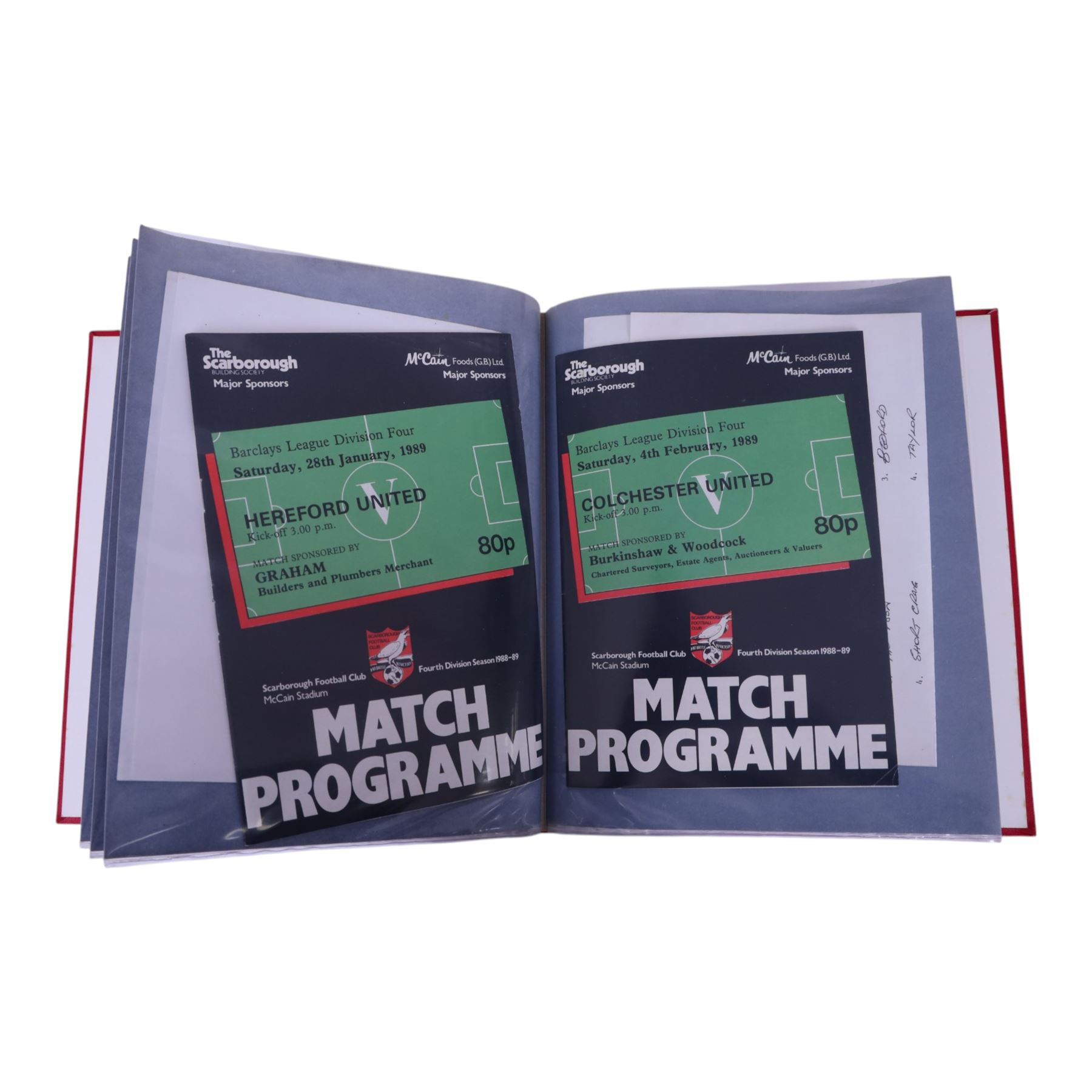 Comprehensive collection of approximately one-hundred and ninety Scarborough FC football programmes for the 1979/80, 1980/81 and 1981/82, 1982/83 seasons, all filed within eight dedicated Scarborough FC red Home and Away binders