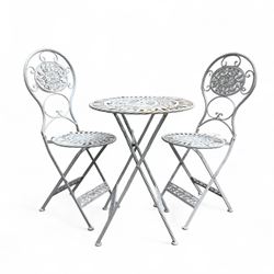 Pair of painted wrought metal folding garden chairs and table