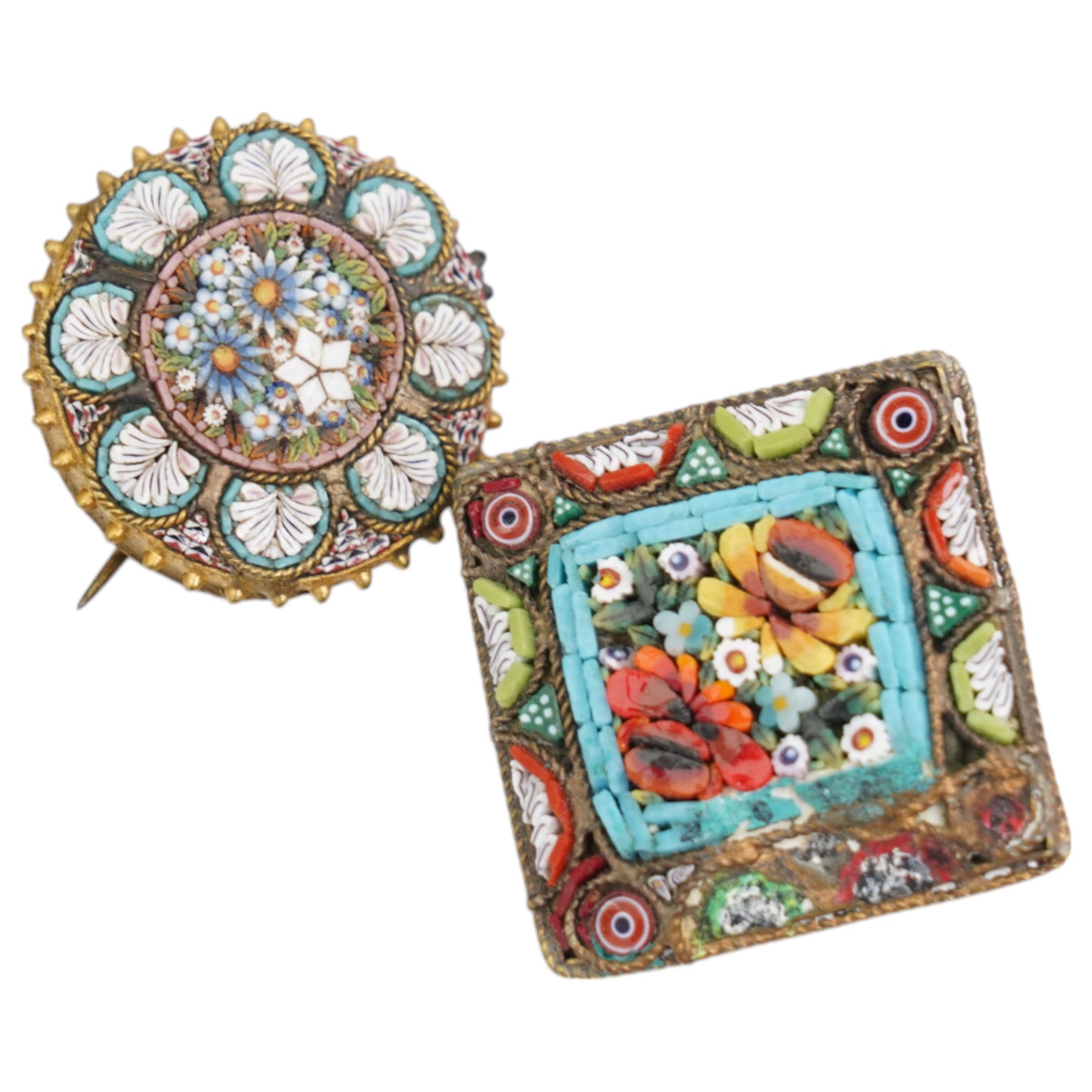 Collection of Italian micro mosaic bijouterie, including various brooches, hat pins and a bracelet, each set in brass, bracelet W18cm