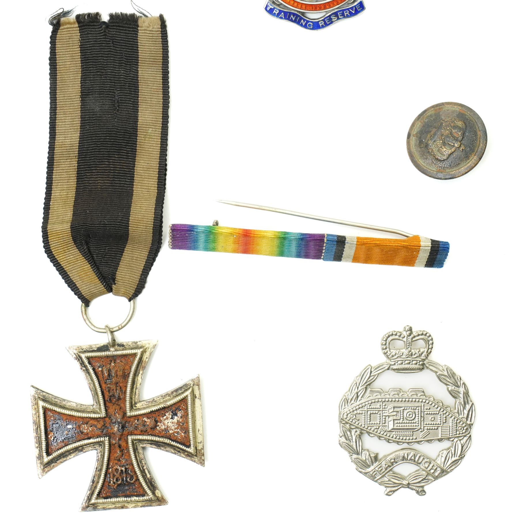 WWI pair to 242062 Pte. O C R Harris East Surrey Regt., WWI German Iron Cross, WWI marching compass in leather case, silver Training Reserve badge etc