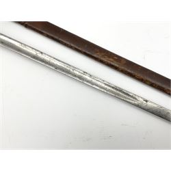 George V 1897 pattern army officer's sword the 82.5cm etched blade by Flights Ltd London, Winchester, Aldershot & Camberley, nickel plated pierced hilt and wire bound fish-skin grip, in leather scabbard, L101cm overall