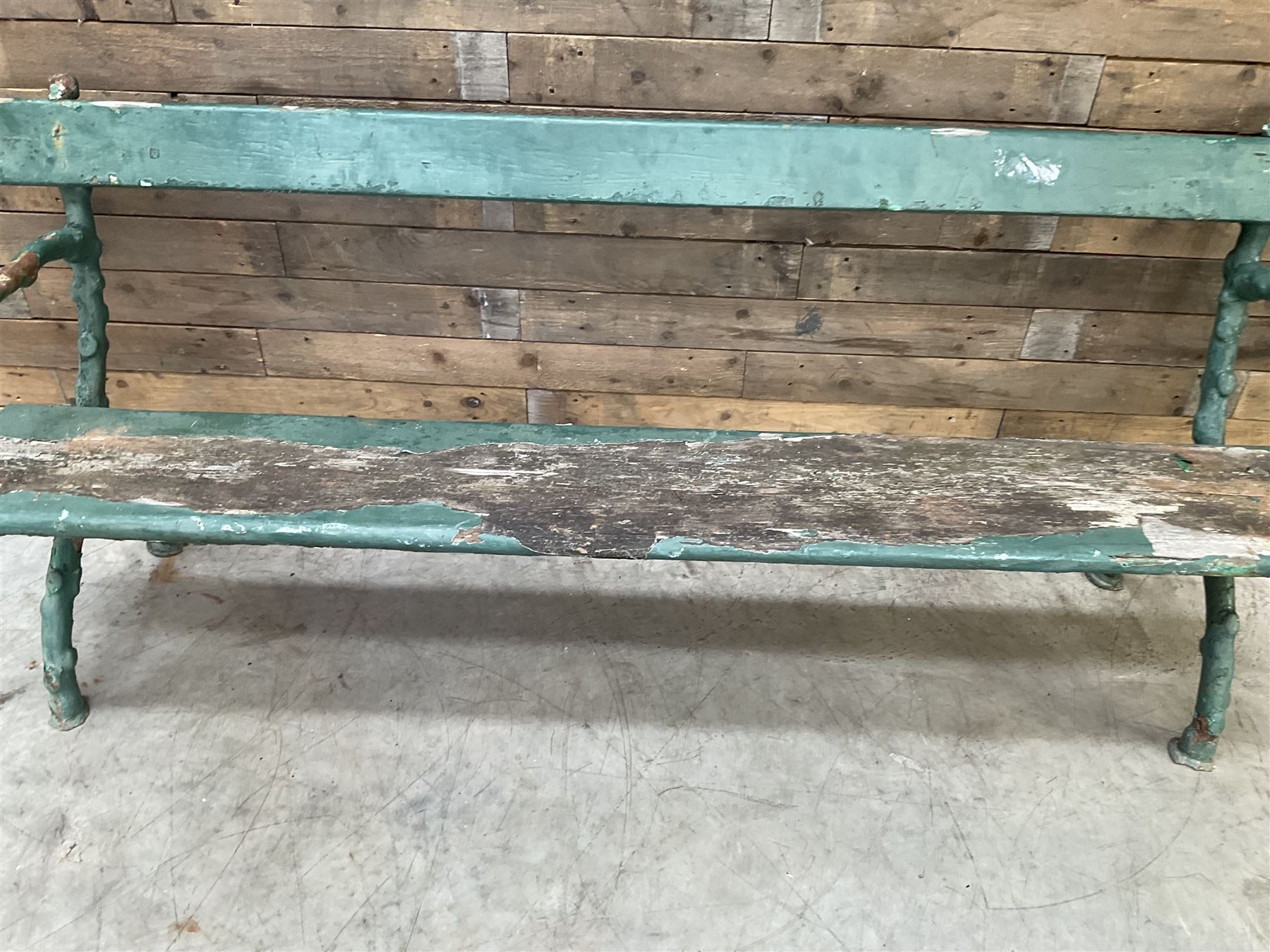 Early 20th century cast iron framed faux bois garden bench, timber seat and back rest