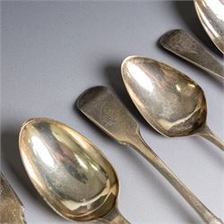 Collection of silver flatware, comprising set of six Georgian teaspoons, three Victorian Exeter silver dessert forks, Georgian Old English pattern table spoon, etc all hallmarked