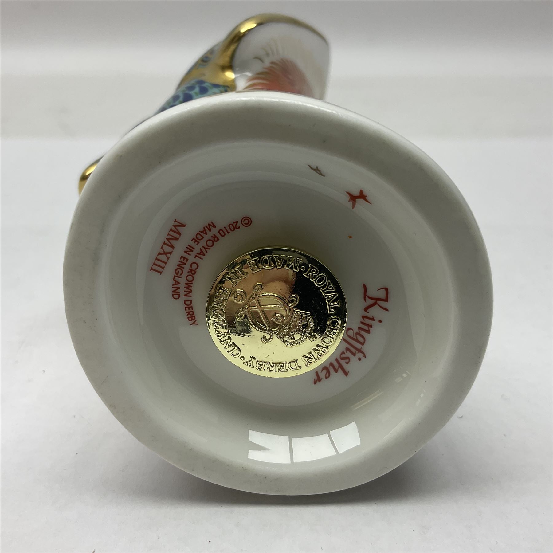Two Royal Crown Derby paperweights, comprising Kingfisher, 2010 edition with gold stopper and Robin, with gold stopper