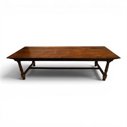 Large oak and pine farmhouse table, with pine plank top raised on and oak base with turned...