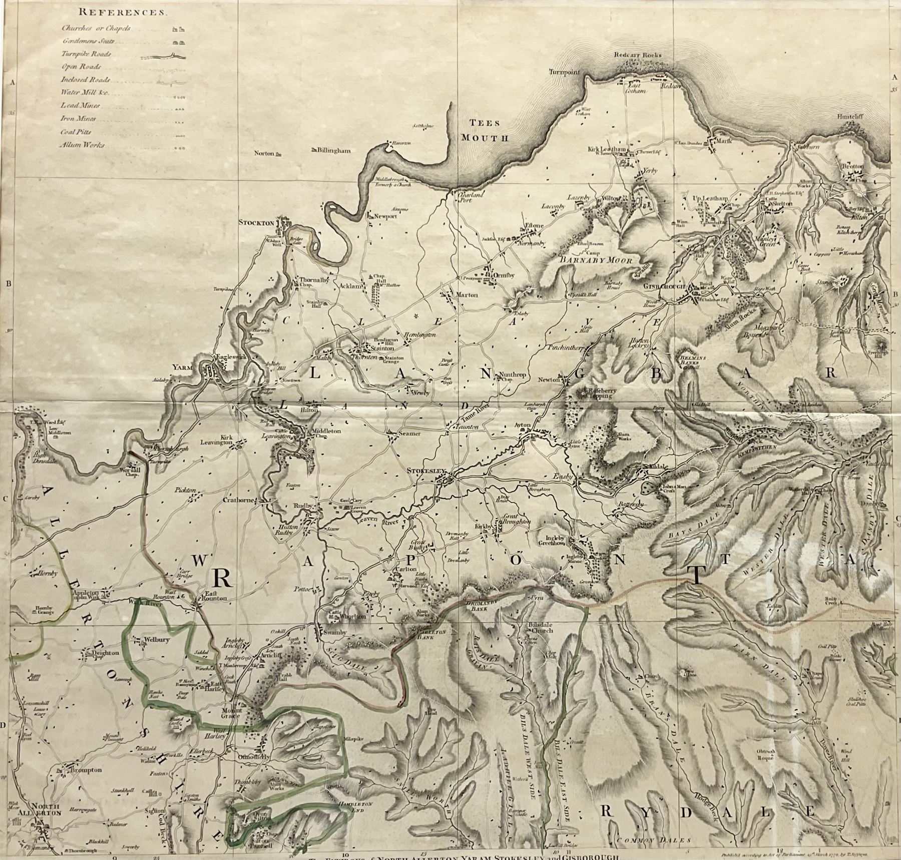 Thomas Jeffreys (British c.1710-1771): 'The Environs of North Allerton, Yaram, Stokesley and Gisborough, engraved map with hand-colouring pub. according to act of Parliament 1772, 57cm x 59cm