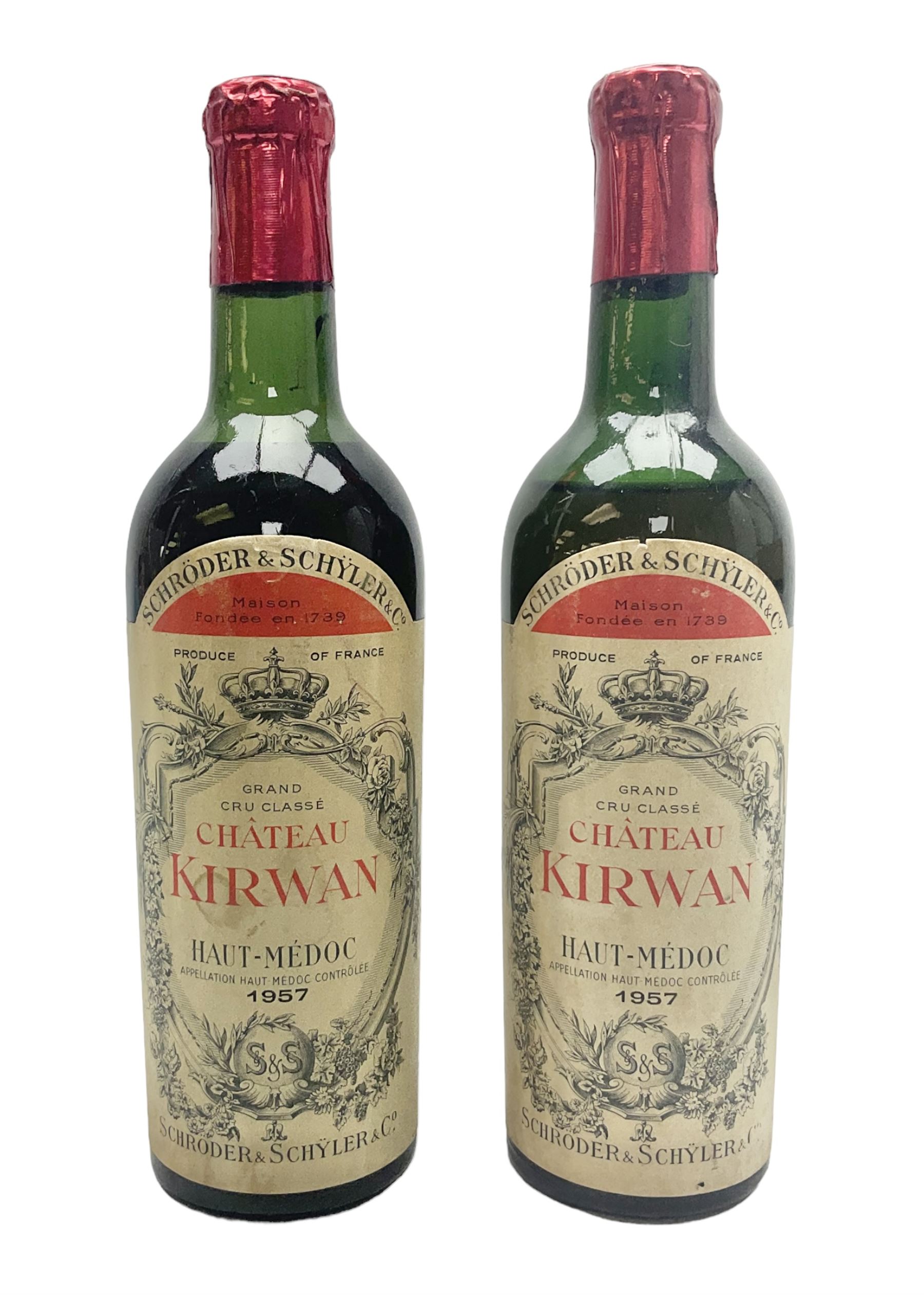 Grand Cru Classe Chateau Kirwan Haut-Medoc 1957 wine, unknown contents and proof, two bottles (2)