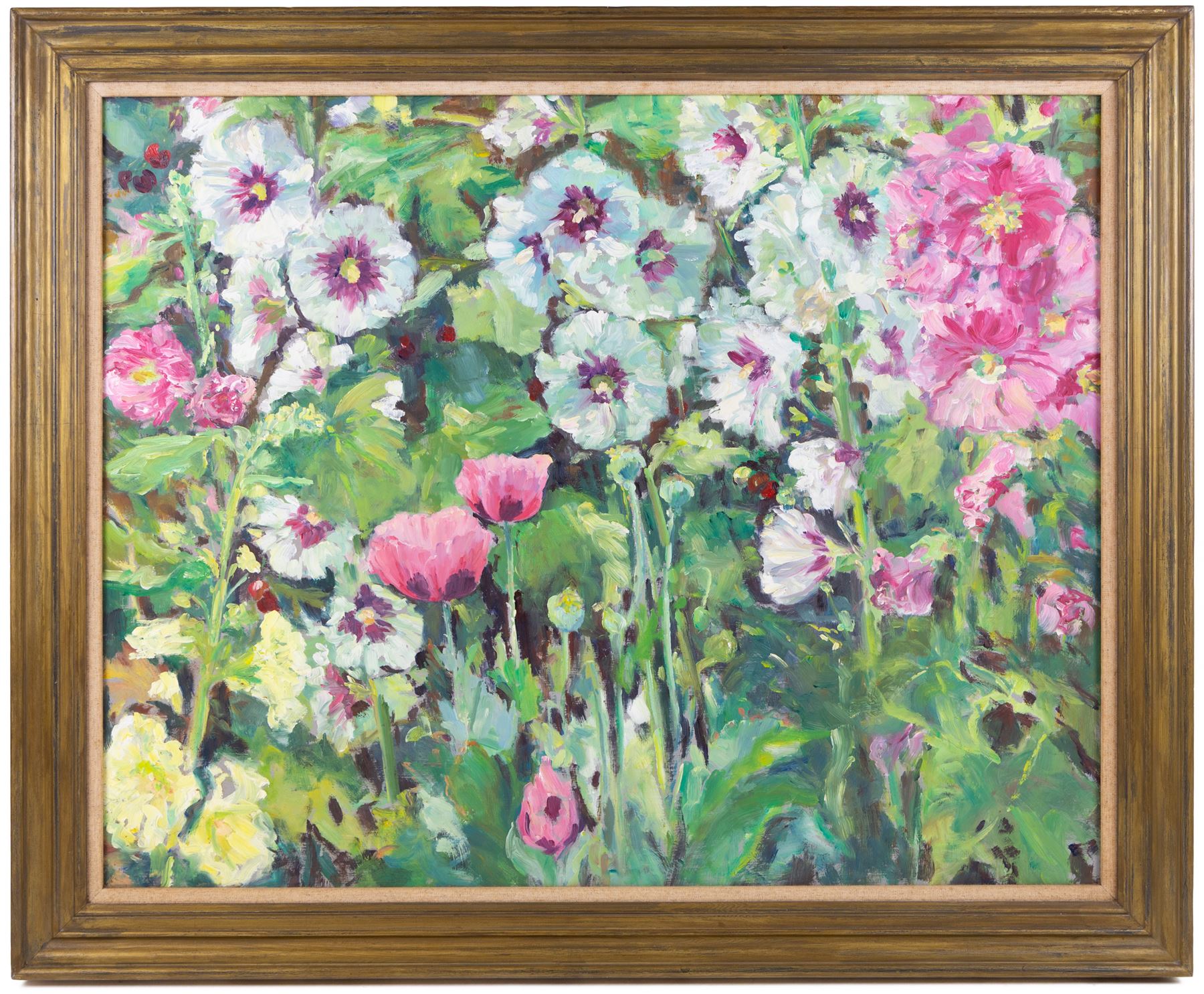 Catherine Tyler (British 1949-): 'Hollyhocks', oil on board signed and dated '94, titled on Chelsea Art Society exhibition label 60cm x 75cm