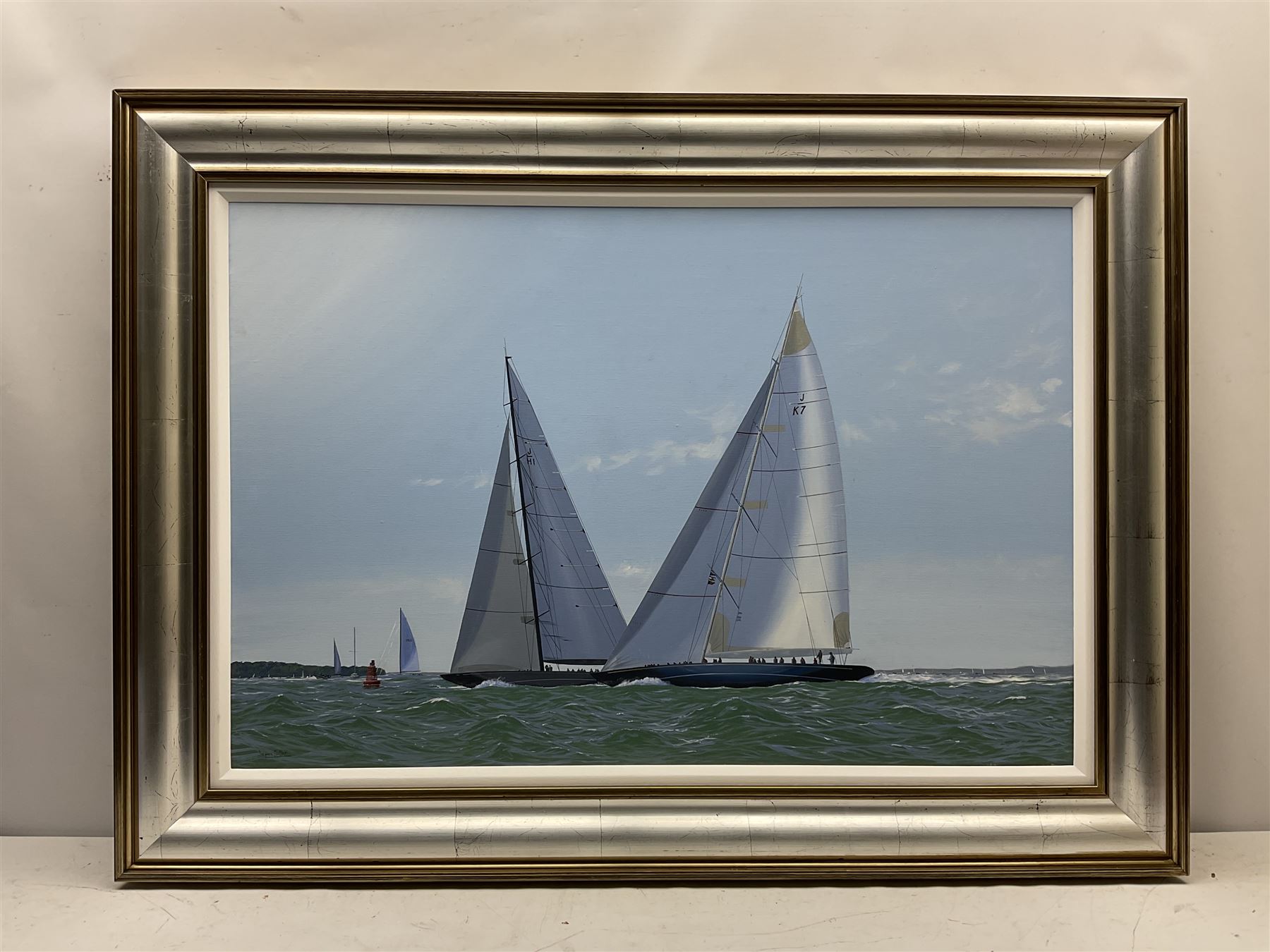 James Miller (British 1962-): J-Class Yachts 'Lionheart' & 'Velsheda' heading for the turning mark, oil on canvas signed, titled verso 59cm x 88cm