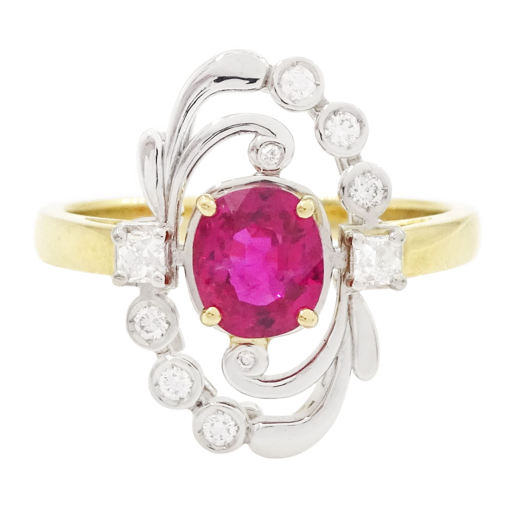 18ct gold and platinum Burmese ruby and diamond ring by Scarab London, single rectangular cushion cut unheated ruby of 1.13 carat, with a single French cut diamond set either side and round brilliant cut diamond surround, in a scrolling foliate design setting, with Alan Poultney Gems report, the ruby with The Gem & Pearl Laboratory report