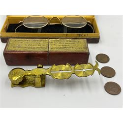 Jaeger-Le Coultre military pocket watch, the back case engraved G.S.T.P 037076, with broad arrow, together with a Pratima stop watch, 9ct gold bar brooch with clip, 9ct gold bangle with metal core, pair of gold plated spectacles and a set of Simmons sovereign scales, in original box