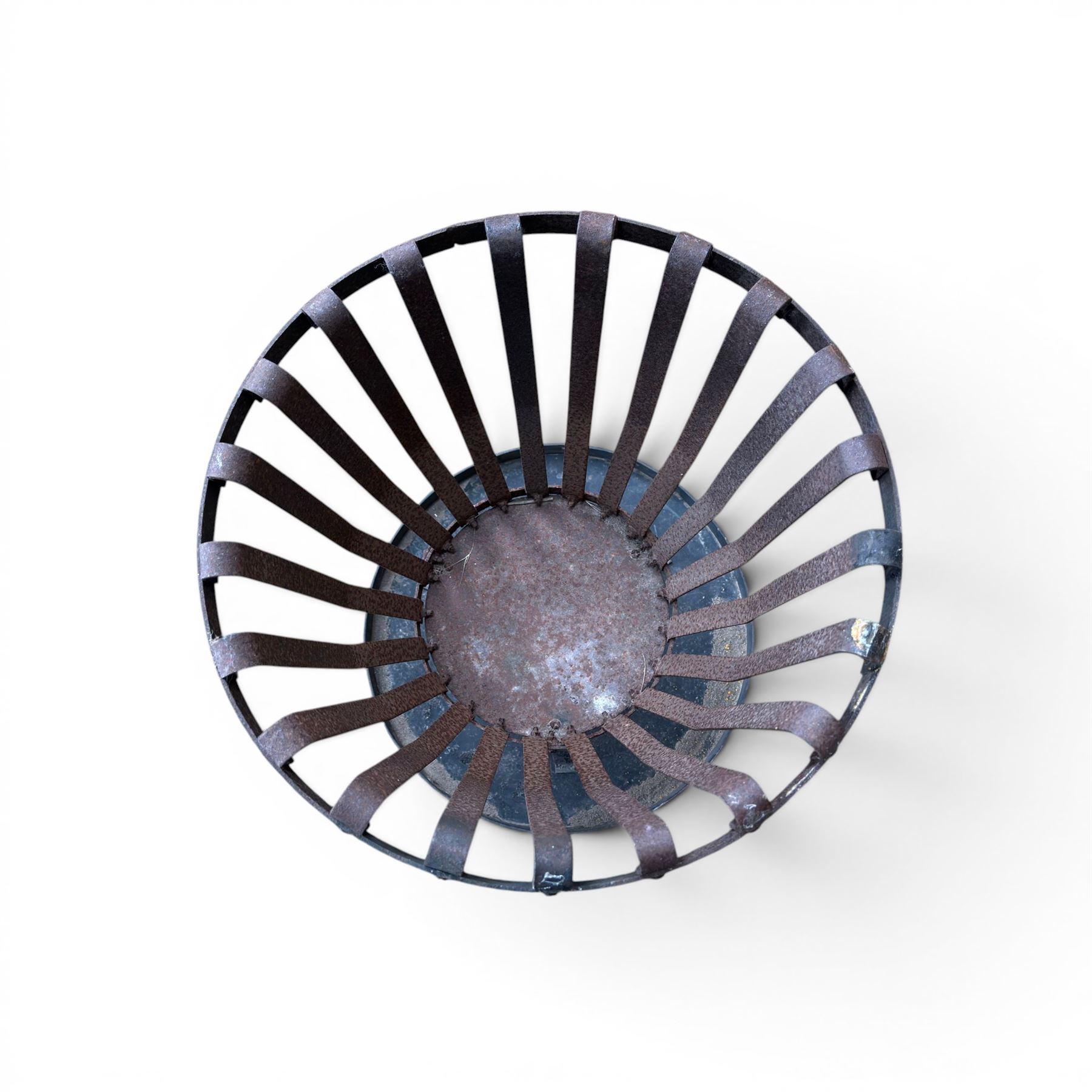 Wrought metal garden burner, circular tapering form, with circular lid converting to ash pan