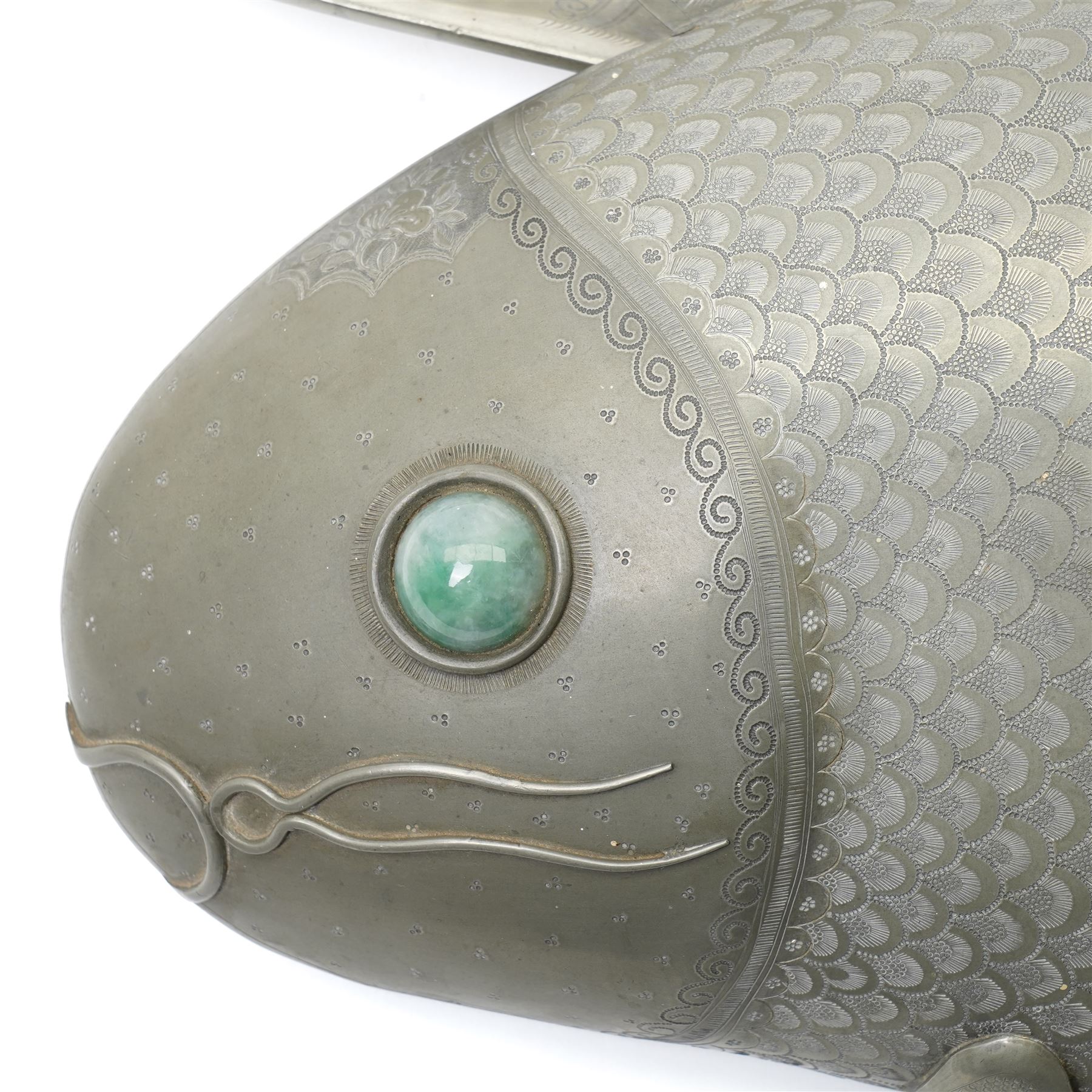Chinese pewter covered tureen, in the form of a fish, with green hardstone eye, with engraved scale decoration, D55cm 