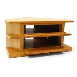 Seahorseman - craftsman made Yorkshire oak corner media unit, fitted with two panelled fall-front compartments flanked by open corner shelves, carved with seahorse signature, by Shaw and Michael Riley, Hessay, York

