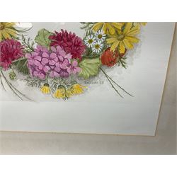 D Wilson (British contemporary): Still Life of Flowers in Vase, oil on board signed together with a watercolour of flowers, lithograph of semi nude female and four other pictures max 39cm x 49cm (7)