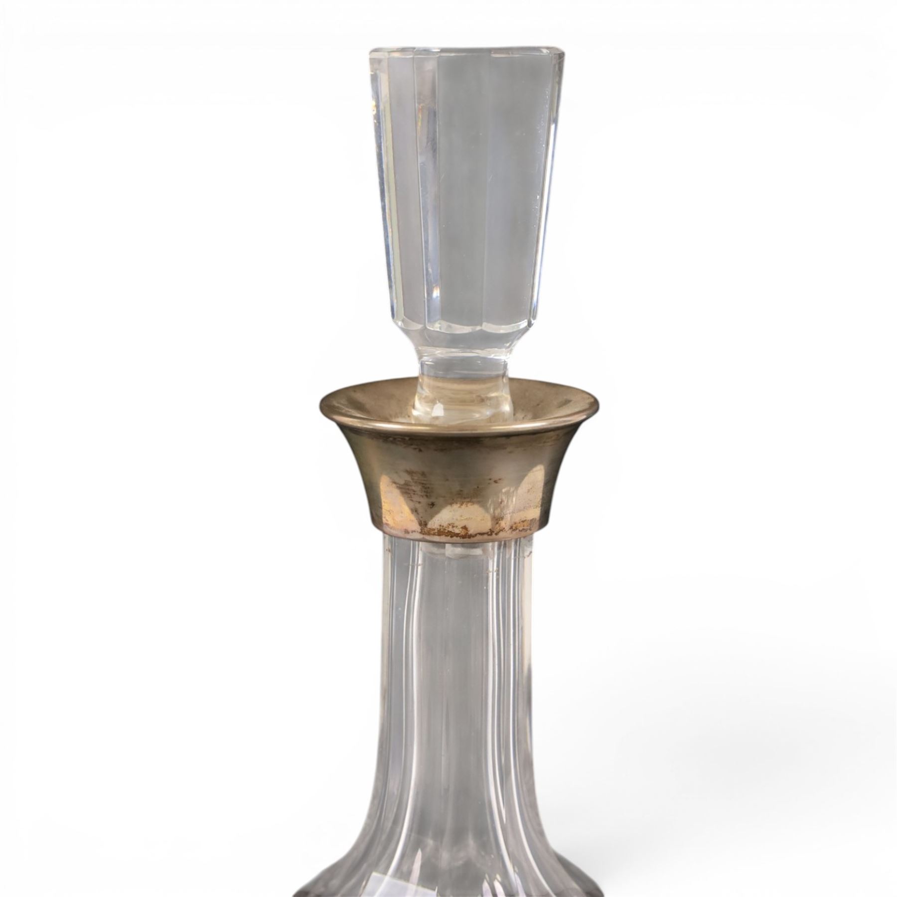 Silver collared glass decanter, with etched personalisation to body, together with two silver repousse corner panels