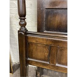 17th century style oak 4' four poster bed, high panelled back with projecting canopy cornice and panelled roof, turned posts with panelled front