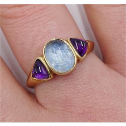 9ct gold oval moonstone and trillion cut amethyst three stone ring, hallmarked