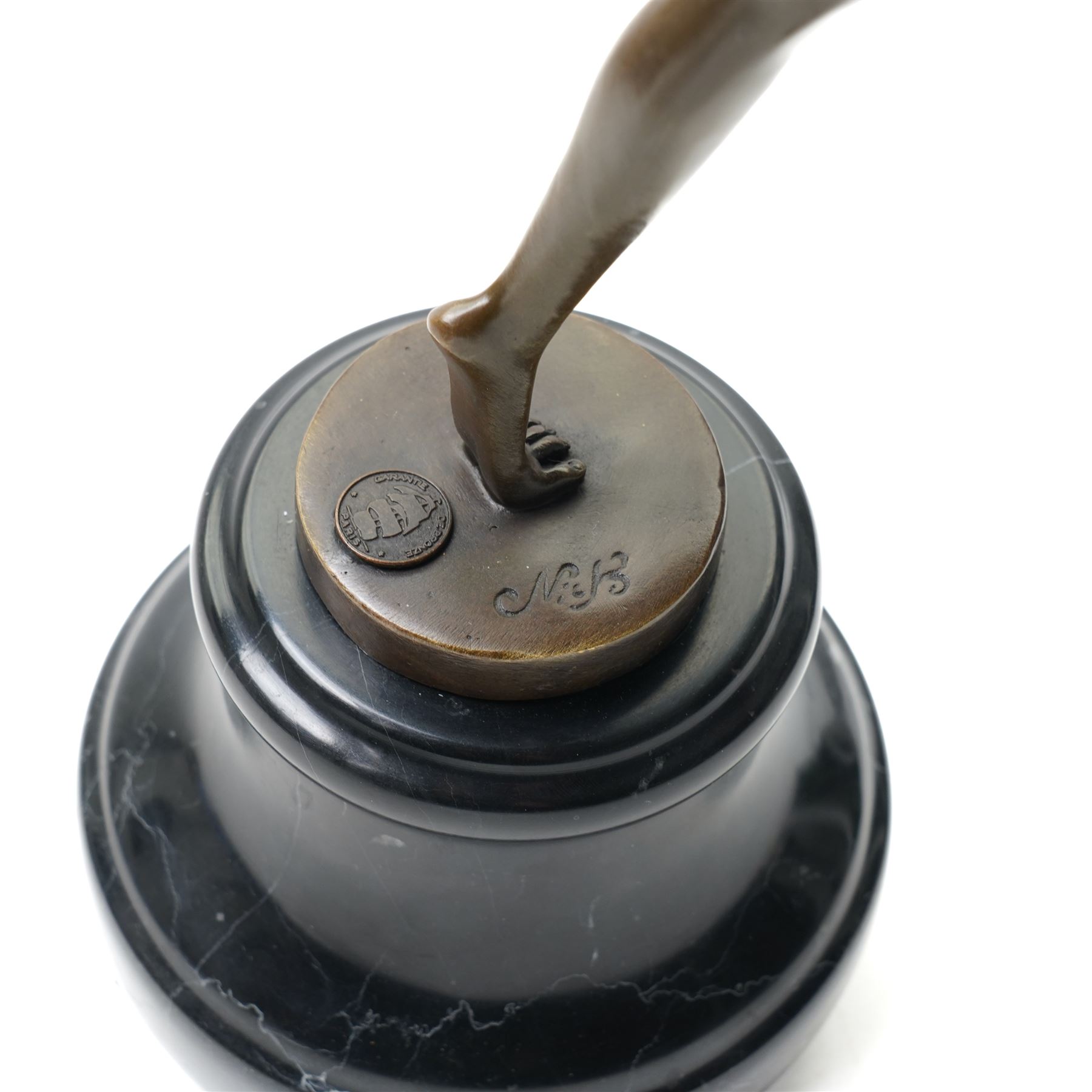 Art Deco style bronze figure of a female dancing with flame torches, raised upon marble socle base, signed F. Paris, H43cm