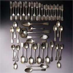 Silver Fiddle pattern canteen, composite, largely Victorian, comprising twelve table spoon...